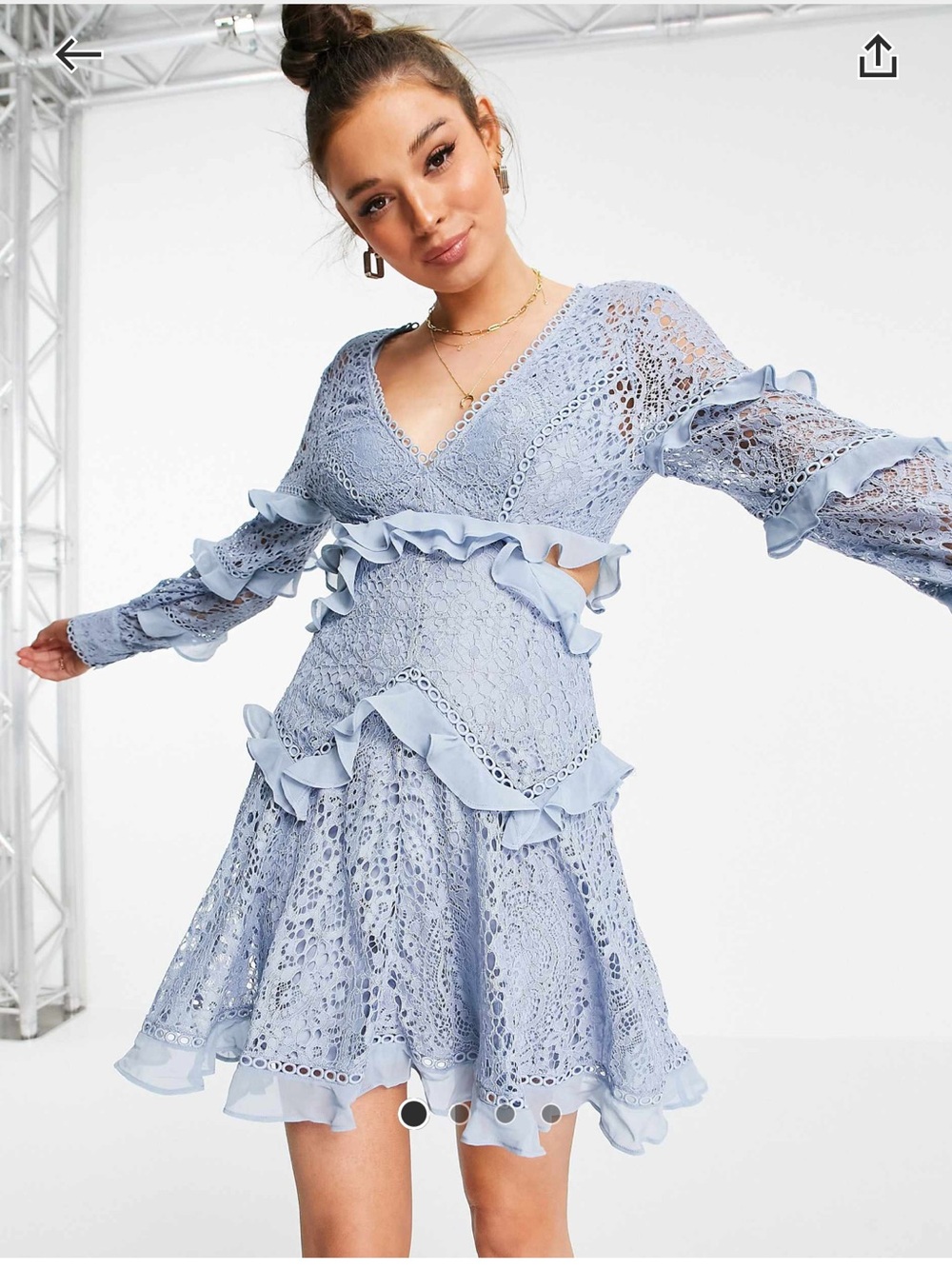 ASOS DESIGN Dusty Blue Lace Ruffle Mini Dress Open Back Cutout Size 0